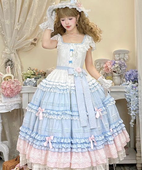 polyhymnia ターシャの庭 クラシック ロリィタ ブルーｘピンクグラデーション フライングスリーブJSK②  [LO634]