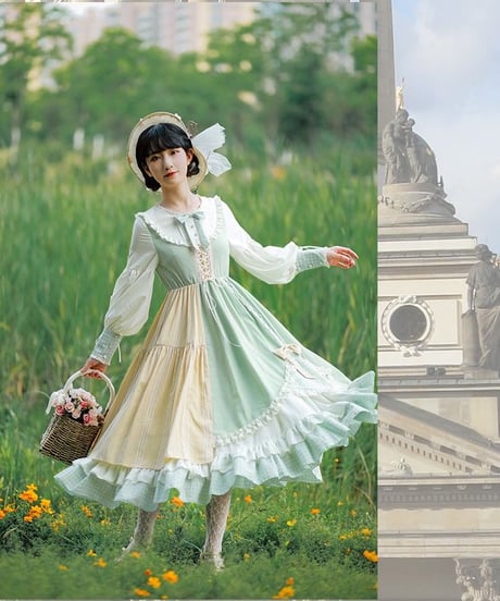 ライトグリーン チェック生地をアクセントにした 丸ヨークのかわいい クラシックロリィタドレス 鳴谷op L [LO146]