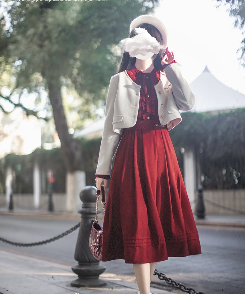 胡桃木JK / フィアーミーズ 赤白レトロ エレガントワンピース