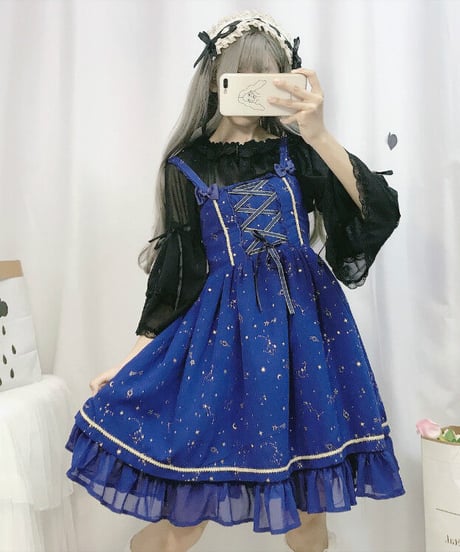 ロリィタ 星座柄 リボンストラップ スリム シフォン JSK ストラップドレス ワンピース ワンサイズ[LO132]