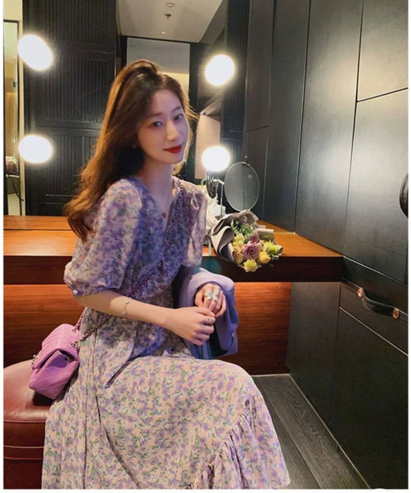 4298コムロシズカ 花柄シフォンワンピース ネイビー＆ピンク 4298
