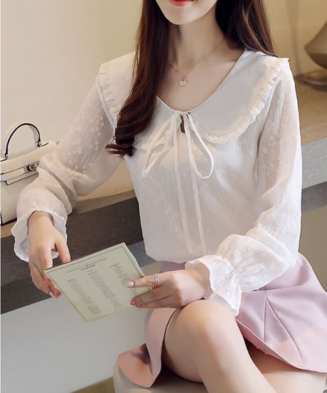 ホワイト 大きなドールカラー 長袖 ブラウス XXL [BL49]