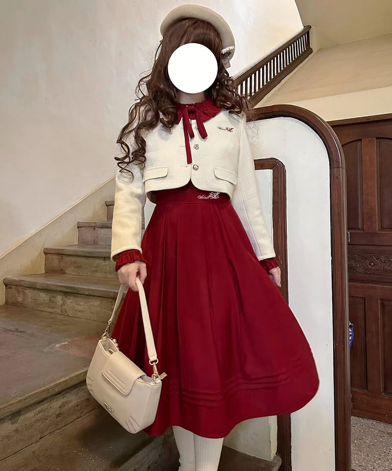 胡桃木JK / フィアーミーズ 赤白レトロ エレガントワンピース