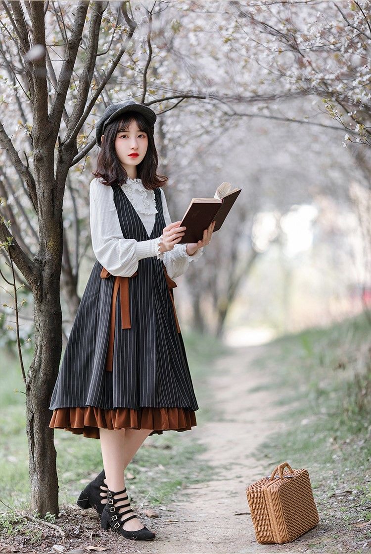 チャコール ストライプ クラシックロリィタ JSK 半袖ブラウスセット L