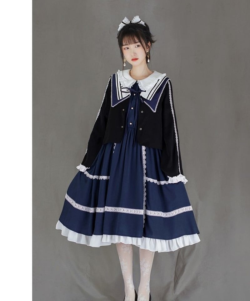 ネイビー フリルドールカラー クラシックロリィタ 半袖ワンピース 琴音