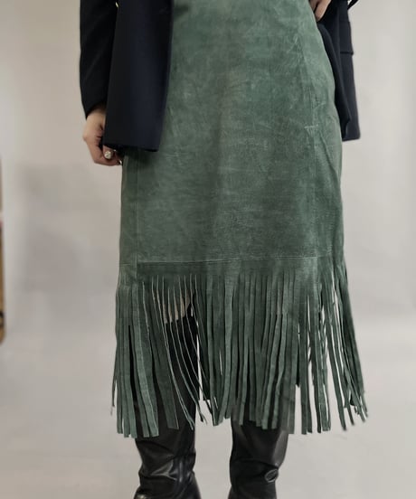 【USED】 Suede Leather Middle Skirt Green / 230304-015