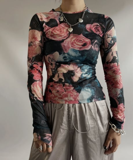 【USED】  L/S Flower Patterned Power net  top / 230916-045