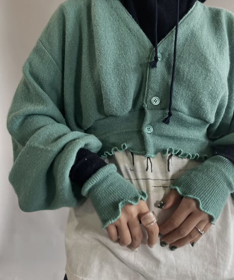 【RE;CIRCLE】 RE Acrylic Knit Cardigan + Hoodie Green × Navy / 230220-009