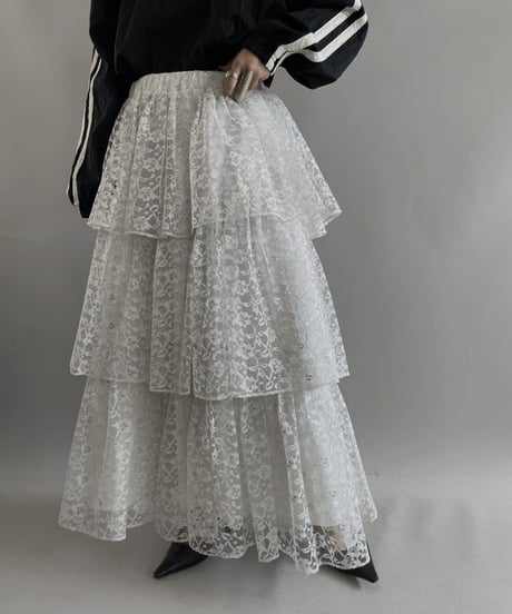 【USED】 Lace Lame Tiered Skirt /231021-029