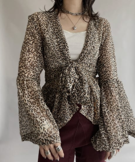 【USED】 Leopard Flare Sleeve Sheer Top / 230617-022