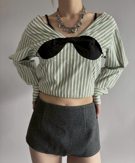 【USED】 Stripe Pattern Cropped Design Top / 260411-003