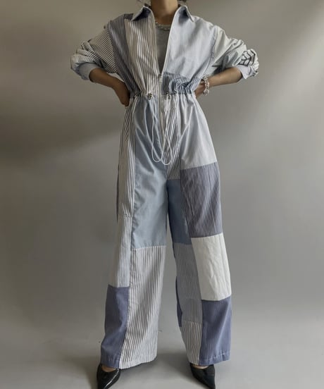 【RE;CIRCLE】 RE Patchwork Strip Shirt Jump Suits/ 230824-011