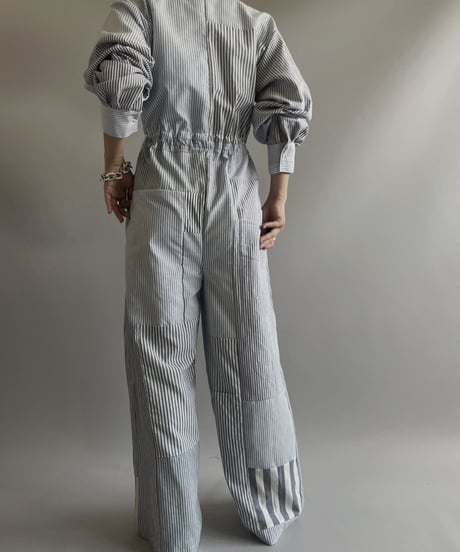 【RE;CIRCLE】 RE Patchwork Strip Shirt Jump Suits/ 230824-010