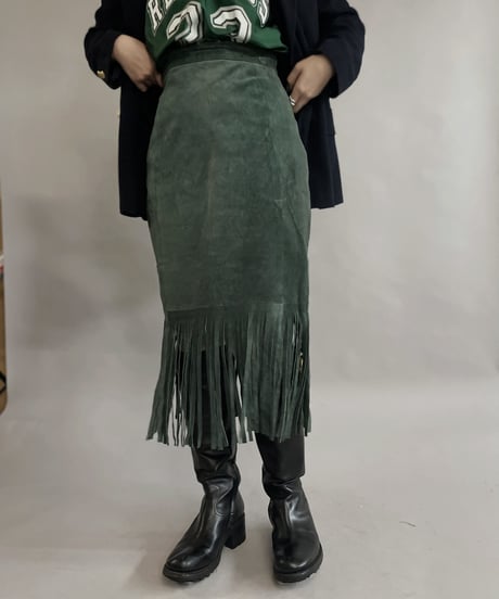 【USED】 Suede Leather Middle Skirt Green / 230304-015