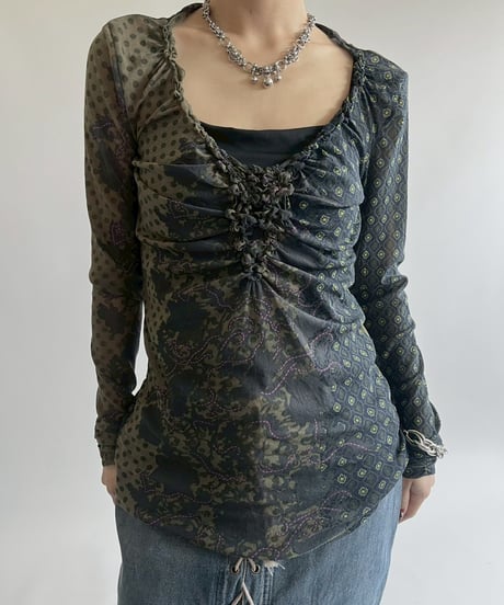 【USED】 Design Shirring Sheer Top  / 250526-006