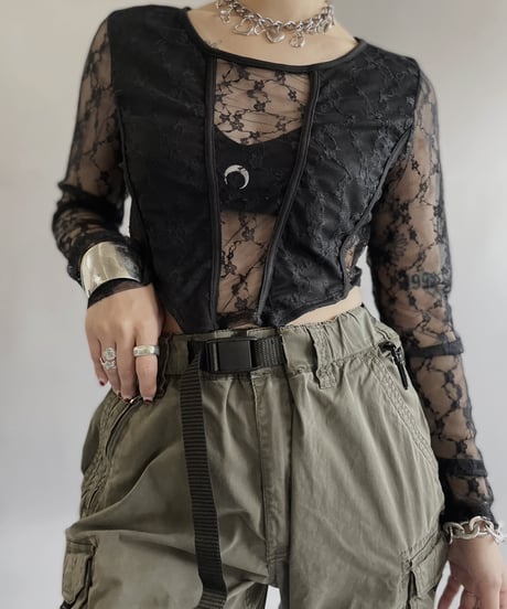 【USED】 Lace Patterned Sheer Top/240414-024