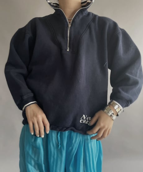 【USED】 Navy Crew Cotton Half Zip Sweat Top / 230218-006
