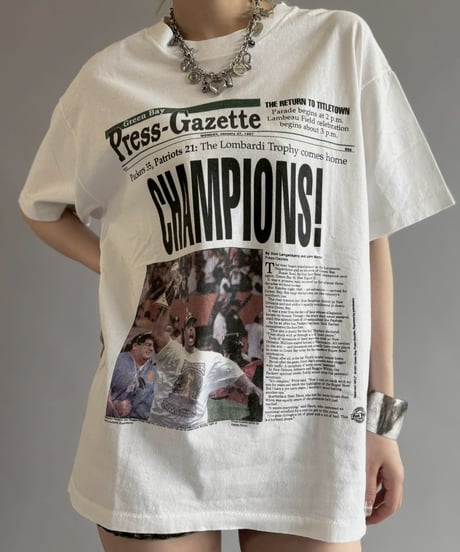 【USED】 97's Hanes American Football Newspaper T-Shirt / 260607-008