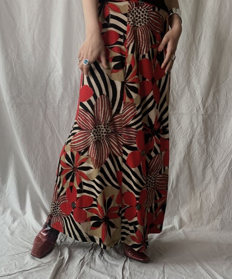 【USED】 Flower Patterned Spandex Long Skirt/ 210630-026