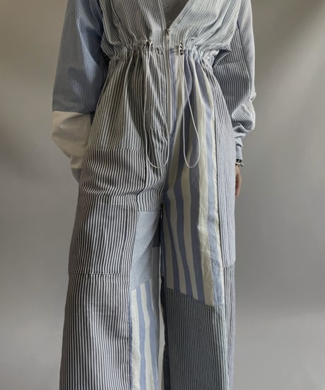 【RE;CIRCLE】 RE Patchwork Strip Shirt Jump Suits/ 230824-009