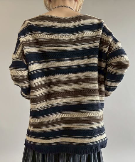 【USED】 Lauren Ralph Lauren Border Pattern Cotton Knit Top/ 260221-024