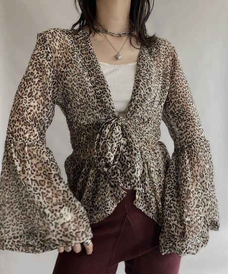 【USED】 Leopard Flare Sleeve Sheer Top / 230617-022
