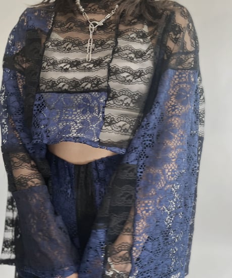 【RE;CIRCLE】 RE Lace Blue&Black Patchwork Top / 220728-031