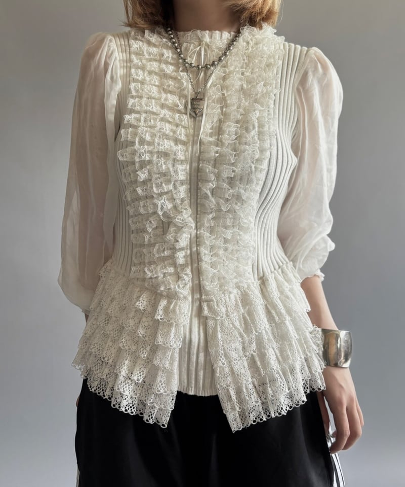 トップス 25aw Ameri SHEER FRILL V NECK KNIT TOP SHEER FRILL V NECK KNIT TOP