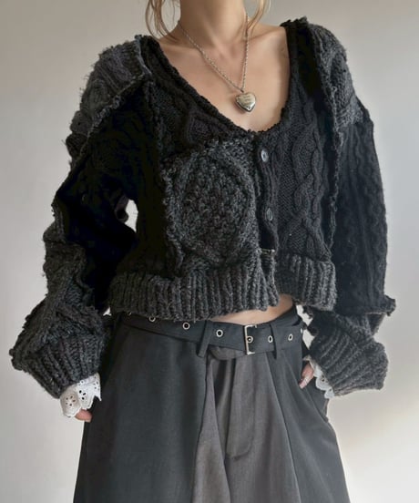 【RE;CIRCLE】 RE Aran Knit Patchwork Lace Collar Cardigan / Black × Charcoal / 251106-003