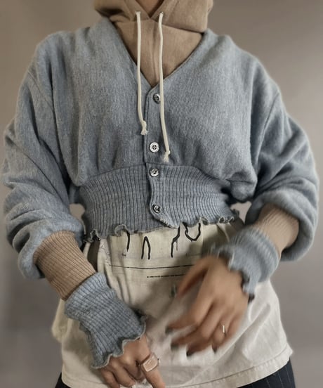 【RE;CIRCLE】 RE Acrylic Knit Cardigan + Hoodie Light Blue × Beige / 230220-006