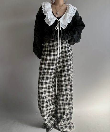 【RE;CIRCLE】 RE Aran Knit Patchwork Lace Collar Cardigan / Black × Charcoal / 251106-003