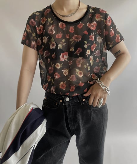 【USED】S/S Flower Patterned Sheer Top/ 230909-017