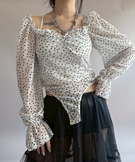 【USED】 Dot Pattern Puff Sleeve Sheer Leotard Top/ 260404-014
