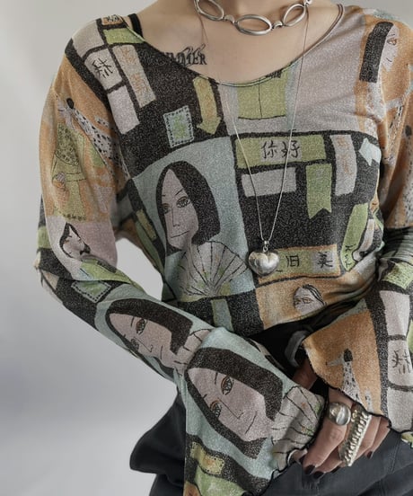 【USED】 Patterned L/S Power Net Top/ 231021-013