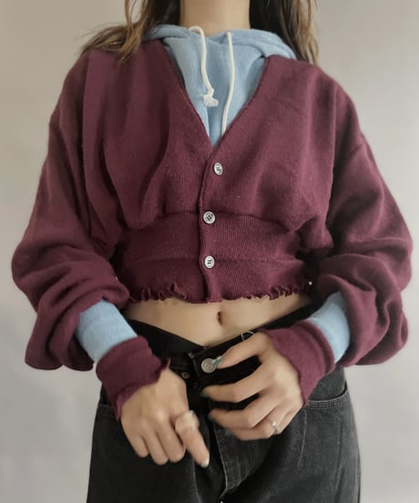 【RE;CIRCLE】 RE Acrylic Knit Cardigan + Hoodie Winered × Light Blue / 230220-002