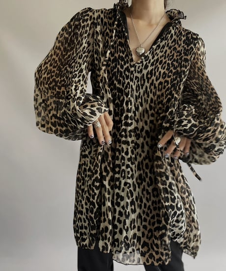【USED】 GANNI Leopard Patterned Puff Sleeve Pleats Top / 230923-008