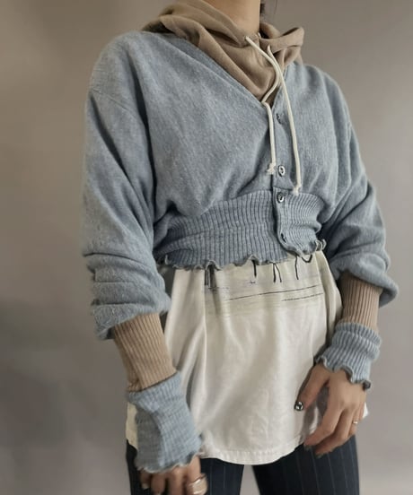 【RE;CIRCLE】 RE Acrylic Knit Cardigan + Hoodie Light Blue × Beige / 230220-006
