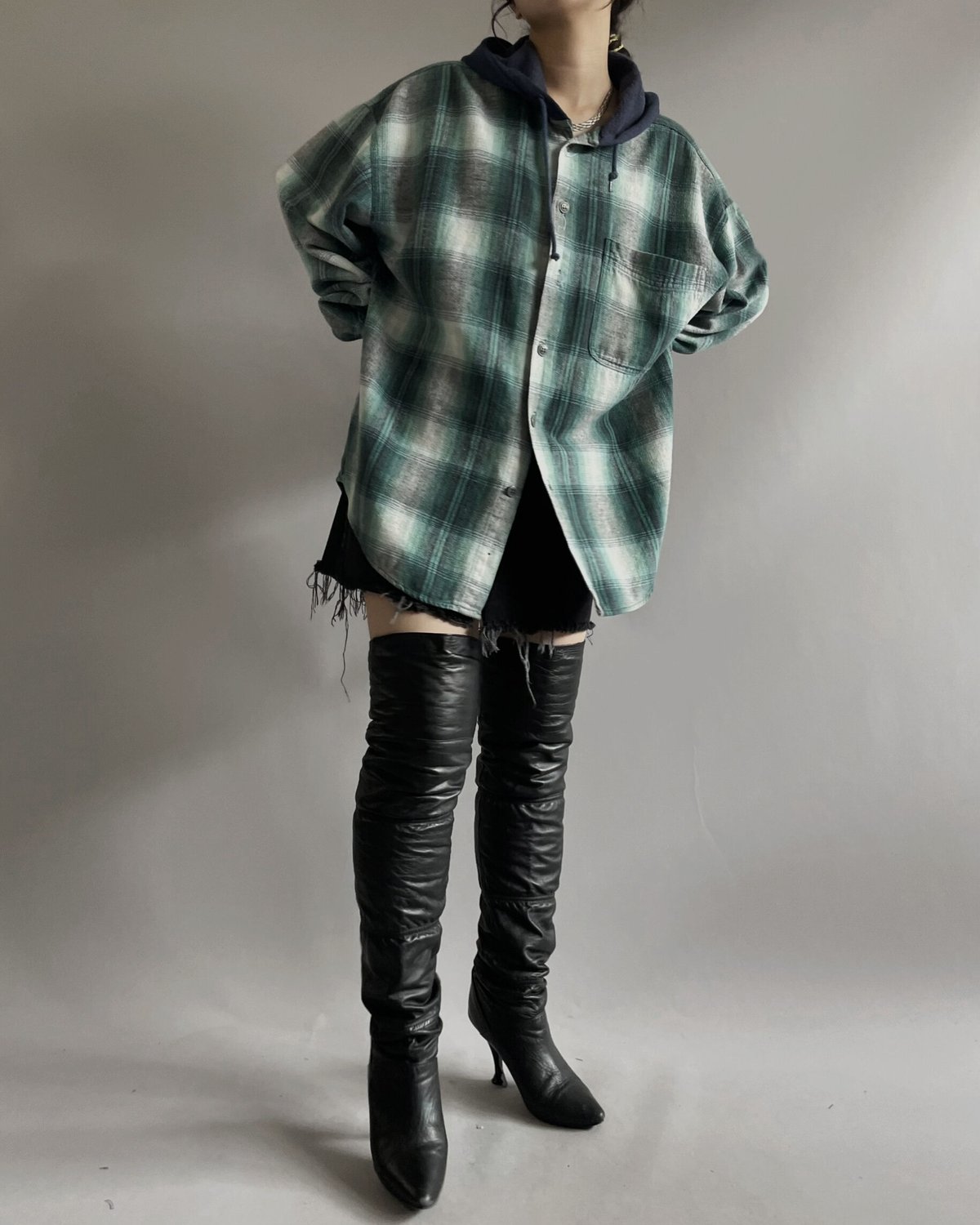 USED】 Ombre Check Flannel Hoodie Shirt/ 231014