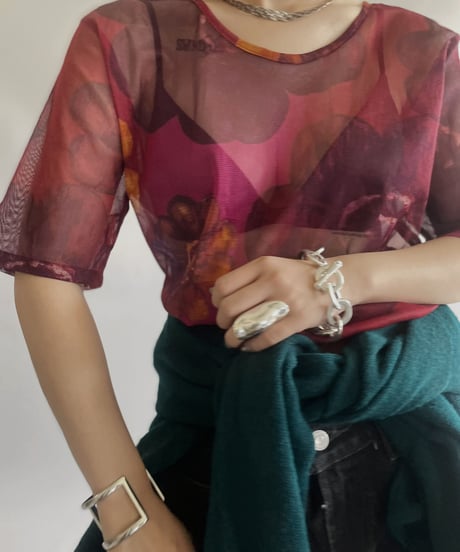 【USED】S/S Flower Patterned Sheer Top/ 230909-019