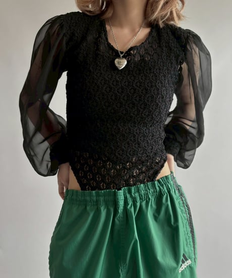 【USED】 Lace Pattern Sheer Sleeve Leotard Top  /251012-026