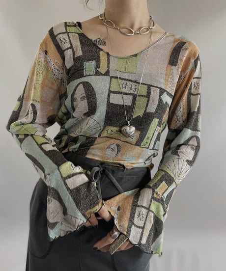 【USED】 Patterned L/S Power Net Top/ 231021-013
