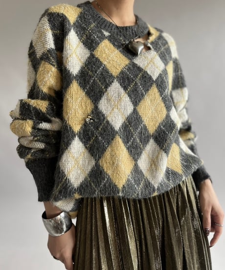 【USED】 100% ORLON ACRYLIC Argyle Knit Top/241207-007