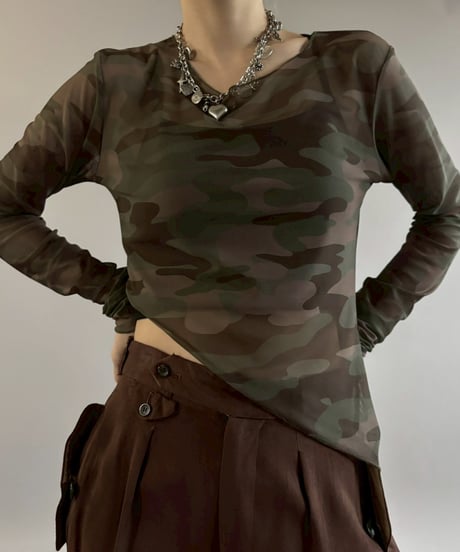 【USED】 Camouflage Pattern Design Sheer Top / 260221-002
