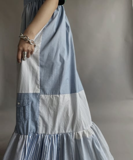【RE;CIRCLE】 RE Patchwork Strip Shirt One-Piece / 230608-020