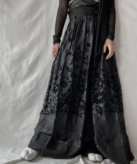 【USED】 Flower Patterned Poly Long Skirt/210921-032