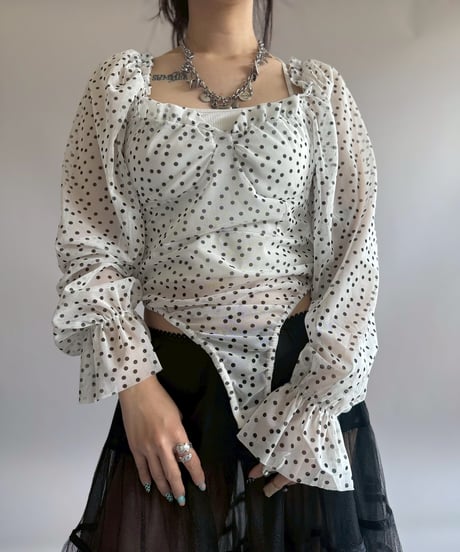 【USED】 Dot Pattern Puff Sleeve Sheer Leotard Top/ 260404-014