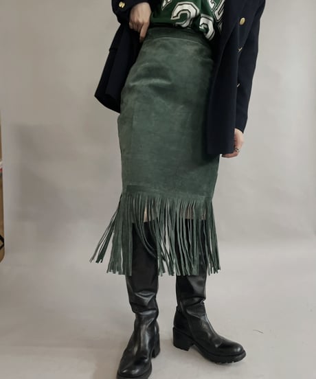 【USED】 Suede Leather Middle Skirt Green / 230304-015