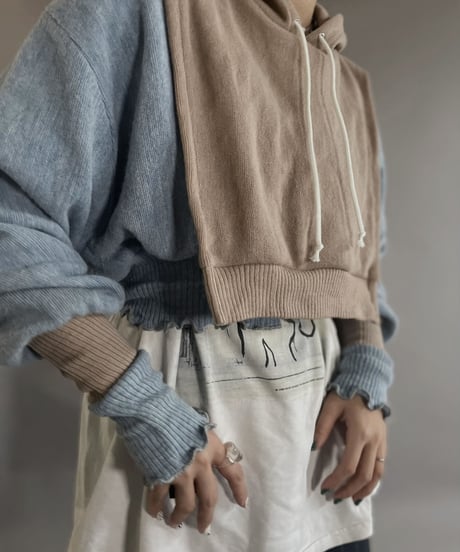 【RE;CIRCLE】 RE Acrylic Knit Cardigan + Hoodie Light Blue × Beige / 230220-006