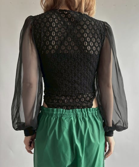 【USED】 Lace Pattern Sheer Sleeve Leotard Top  /251012-026