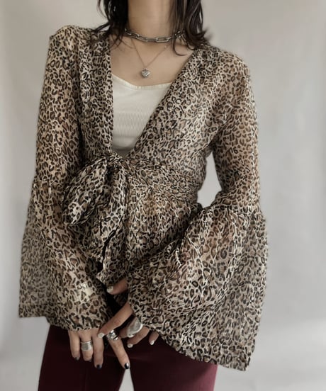 【USED】 Leopard Flare Sleeve Sheer Top / 230617-022